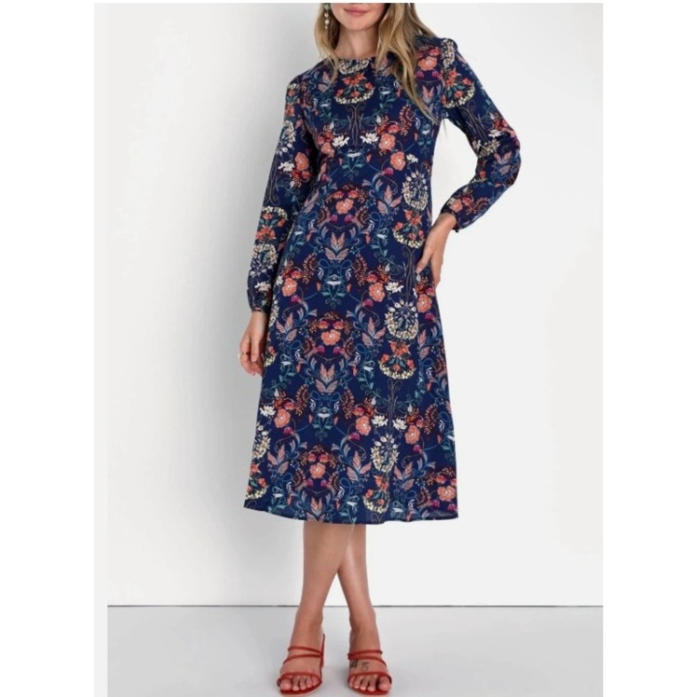 I.Madeline Dress Womens Small Navy Blue Floral A-Line Long Sleeve Boho Dress